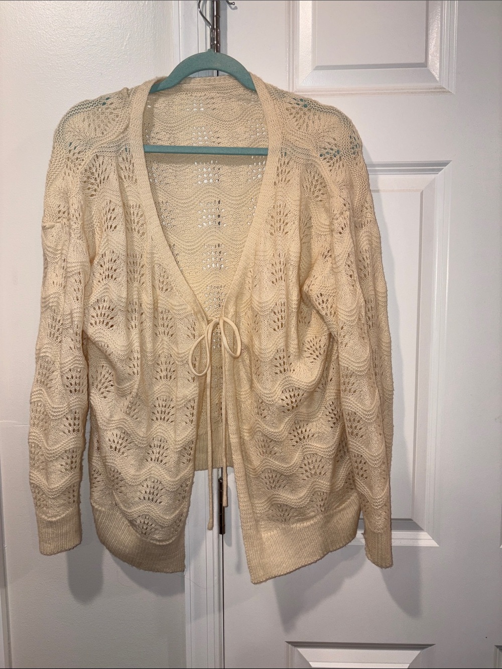 SHEIN Cream Open-Knit Tie-Front Cardigan